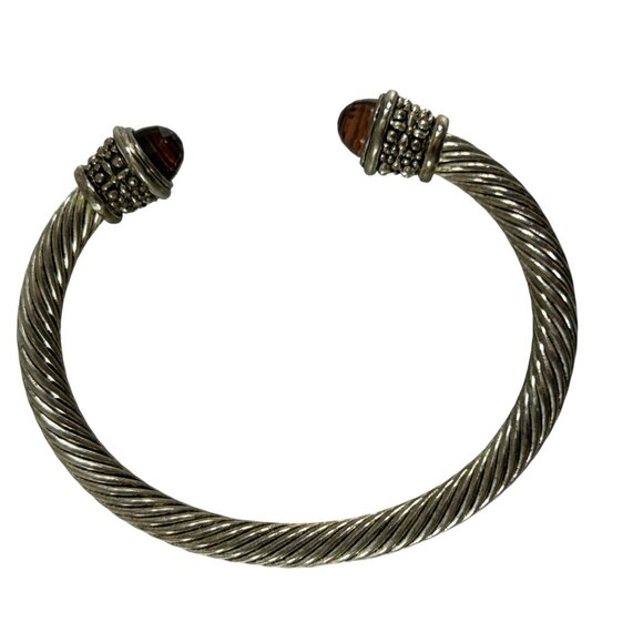 Twisted Cable Cuff Bracelet Silver Tone Open Bangle Faceted Red Imitation Stone - Picture 7 of 9